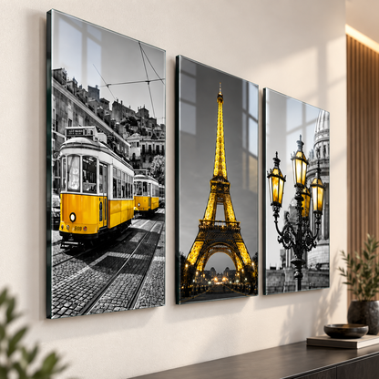 CAMDEKO Paris temalı 3'lü cam tablo yaklaşık 2 cm duvar mesafesi