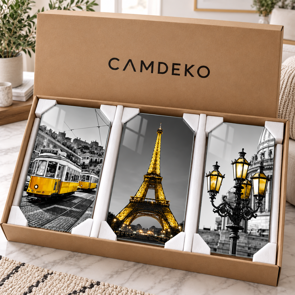 CAMDEKO Paris temalı üçlü cam tablo korumalı paketleme