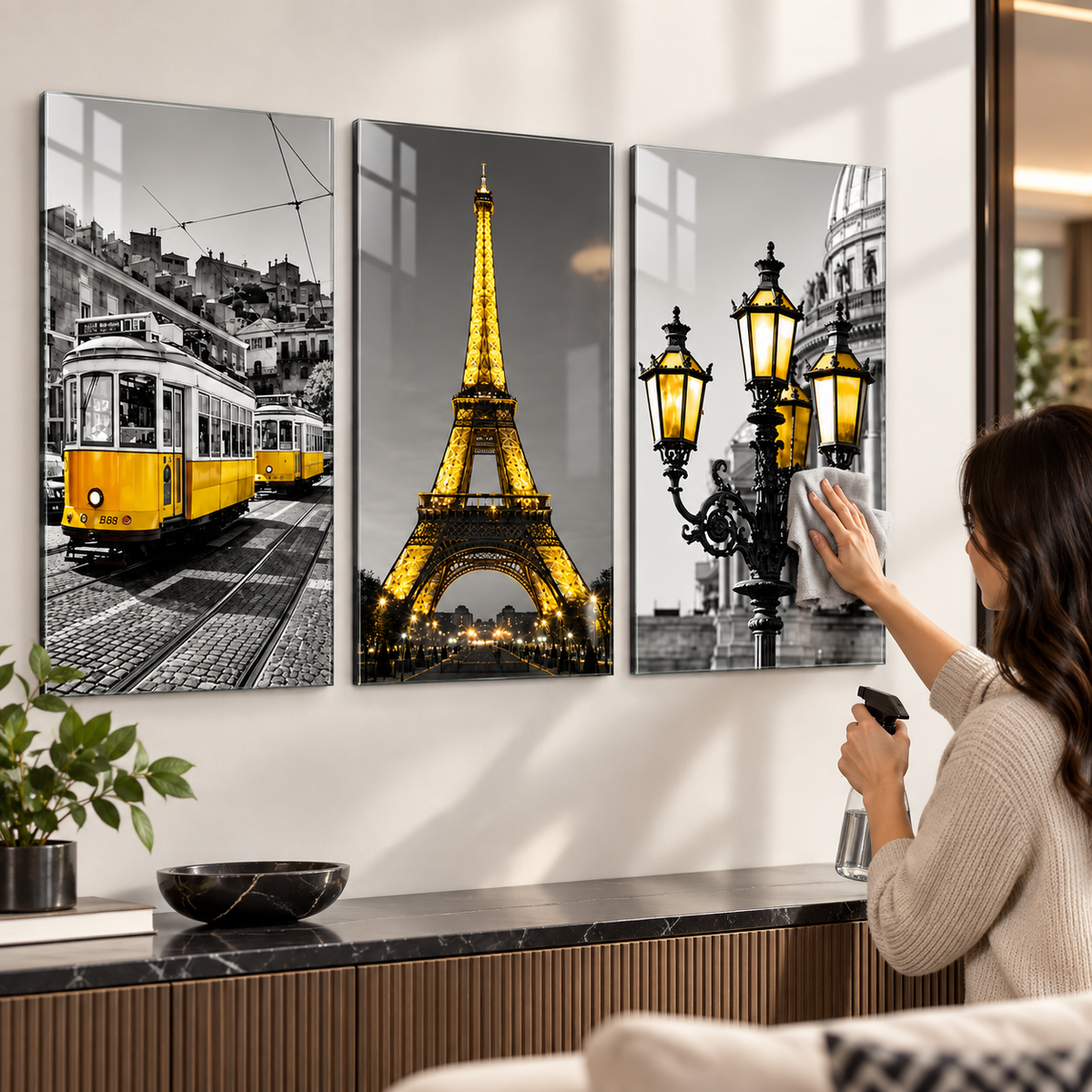 CAMDEKO Paris temalı üçlü cam tablo kolay temizlik