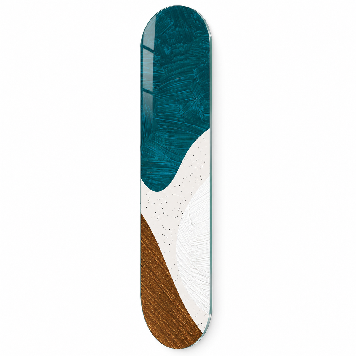 Petrol Mavisi Beyaz ve Bronz Soyut Skate Board Cam Tablo – Beyaz zemin vitrin