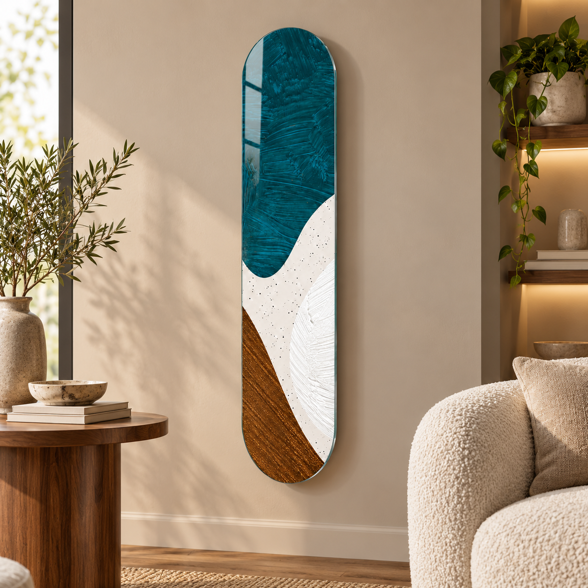 Petrol Mavisi Beyaz ve Bronz Soyut Skate Board Cam Tablo – Salon görünümü