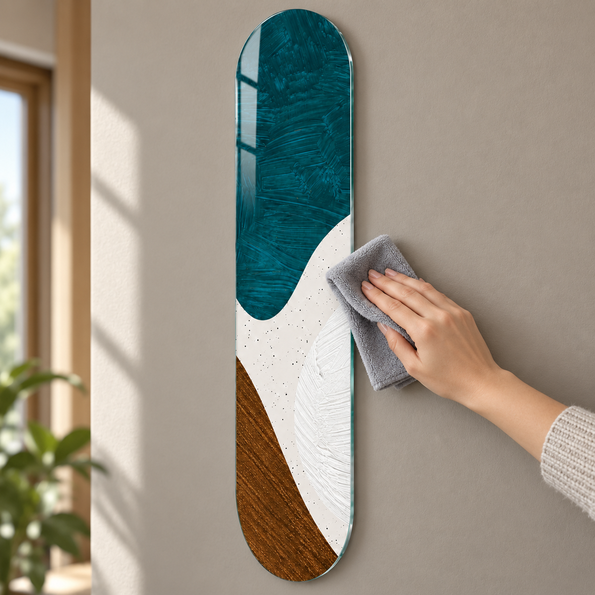 Petrol Mavisi Beyaz ve Bronz Soyut Skate Board Cam Tablo – Ön cam temizliği