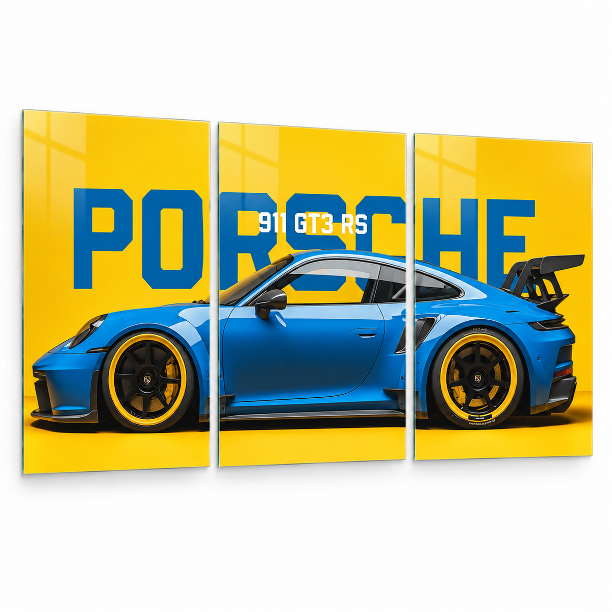 Porsche 911 GT3 RS sarı mavi 3'lü cam tablo beyaz zemin vitrin