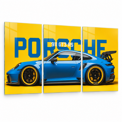 Porsche 911 GT3 RS sarı mavi 3'lü cam tablo beyaz zemin vitrin