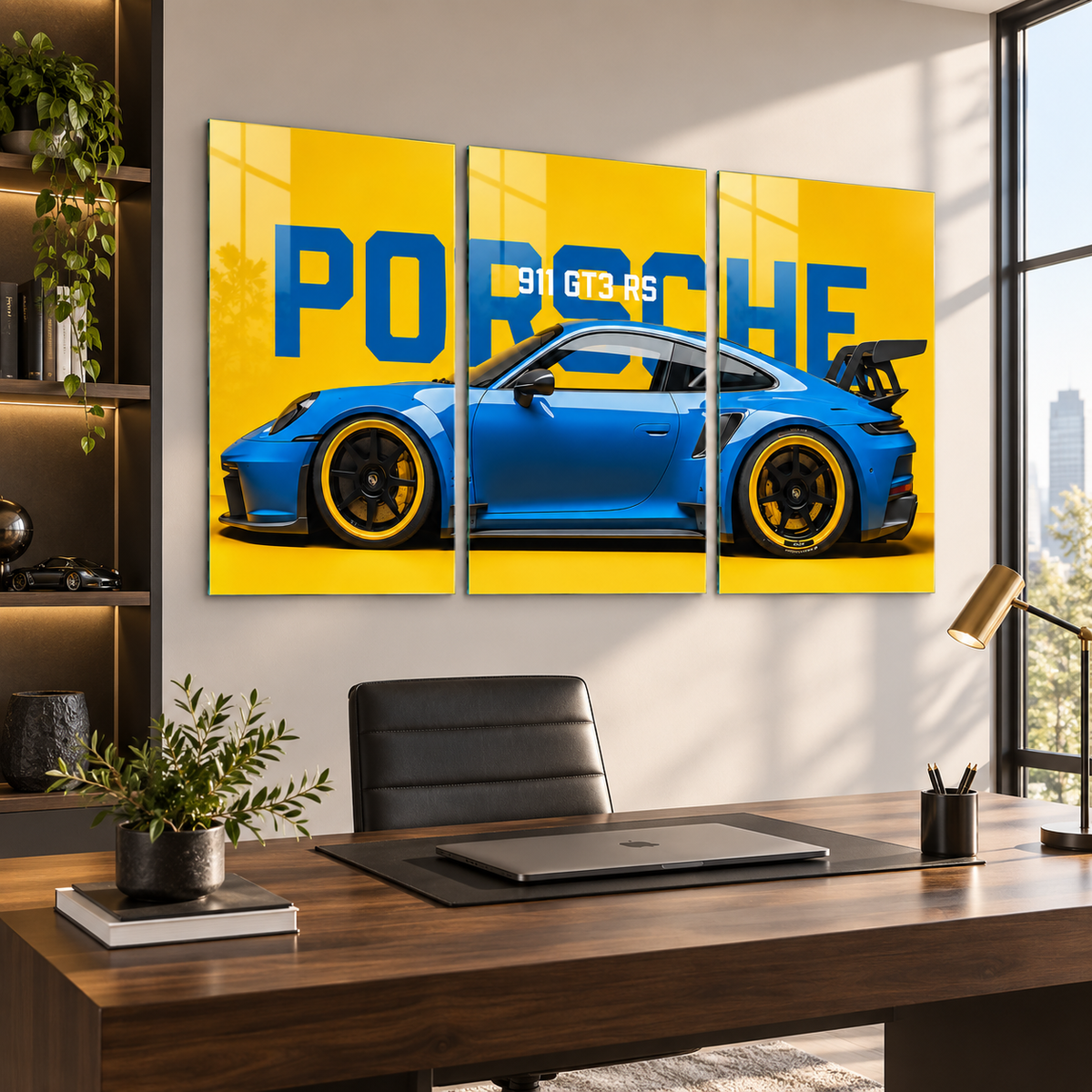 Porsche 911 GT3 RS sarı mavi 3'lü cam tablo premium ofis