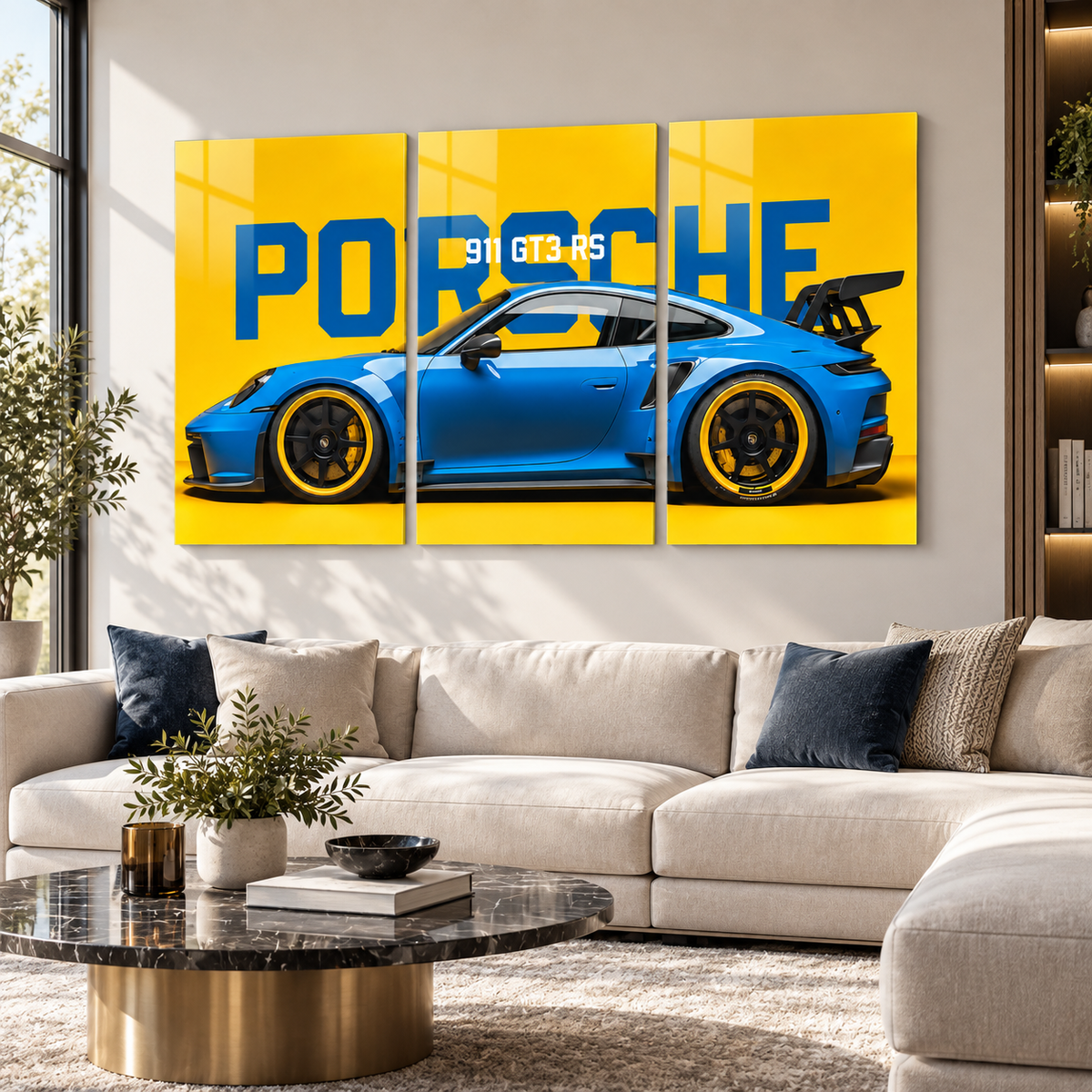 Porsche 911 GT3 RS sarı mavi 3'lü cam tablo premium salon