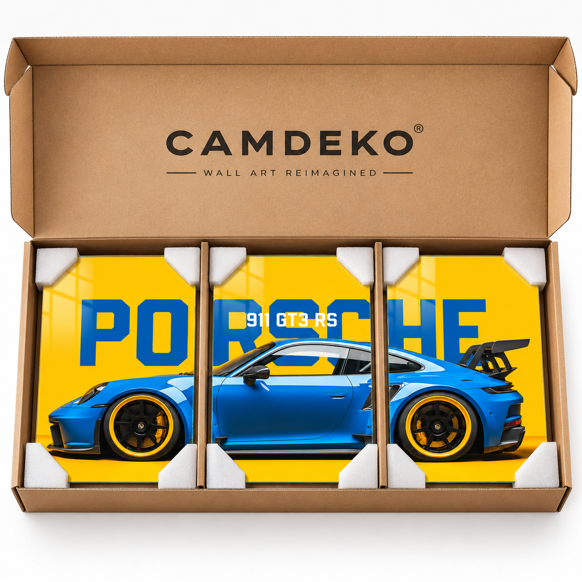CAMDEKO Porsche 911 GT3 RS üçlü cam tablo sade korumalı paketleme