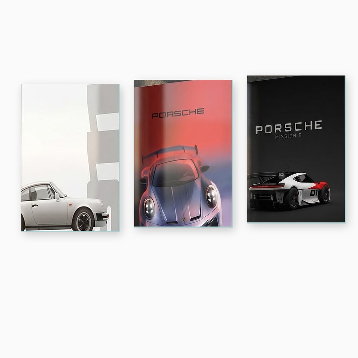 Porsche klasik 911 modern GT ve Mission R 3'lü cam tablo beyaz zemin vitrin