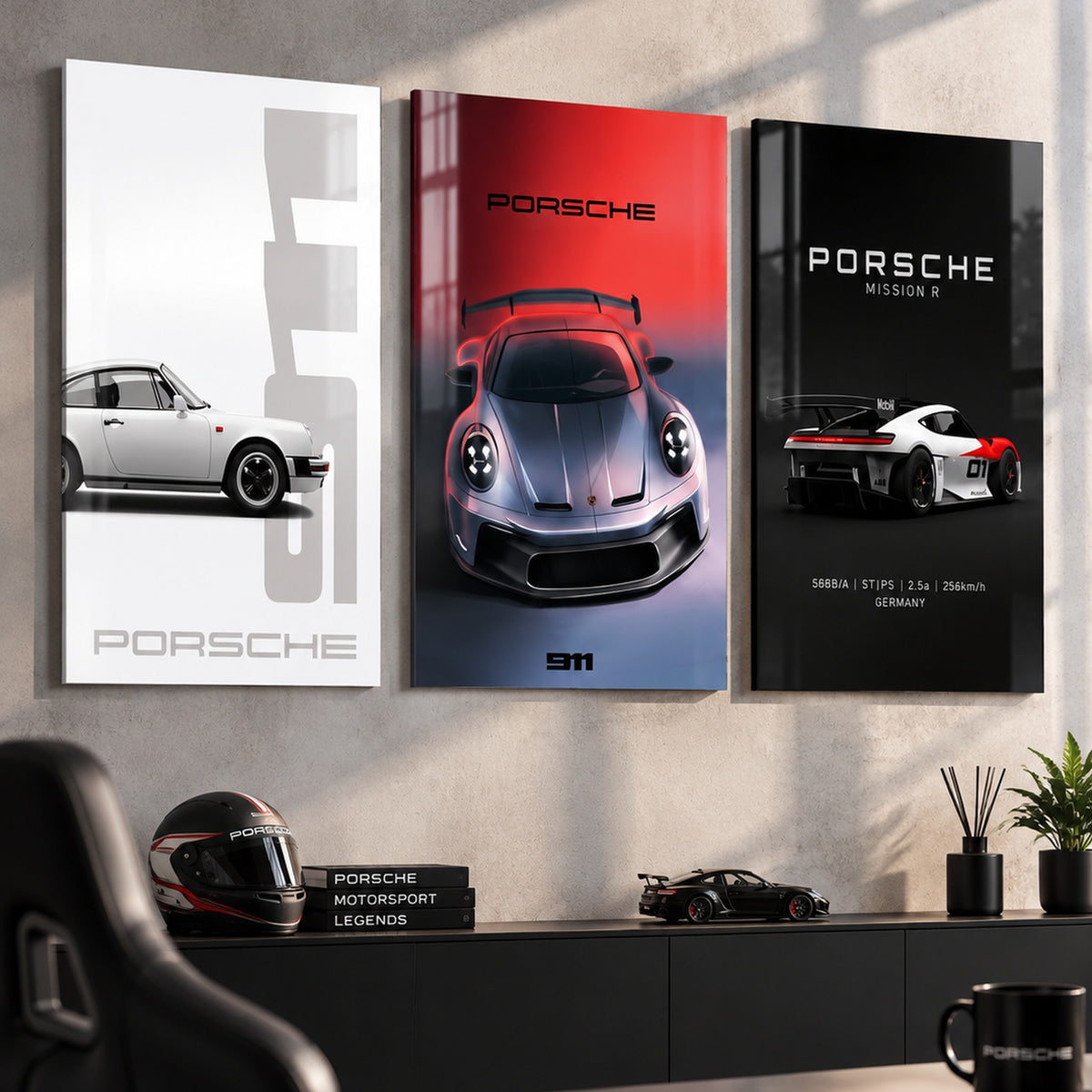 Porsche klasik 911 modern GT ve Mission R 3'lü cam tablo premium ofis