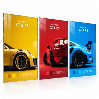 Sarı kırmızı mavi Porsche GT2 RS GT4 RS GT3 RS 3'lü cam tablo beyaz zemin vitrin