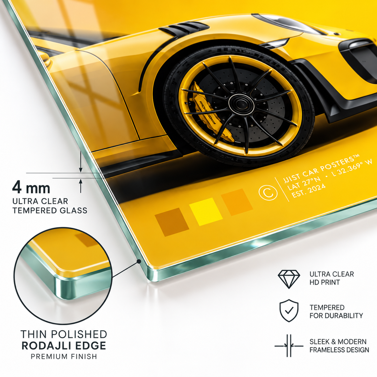 CAMDEKO 4 mm Ultra Clear temperli cam rodajlı kenar Porsche detayı