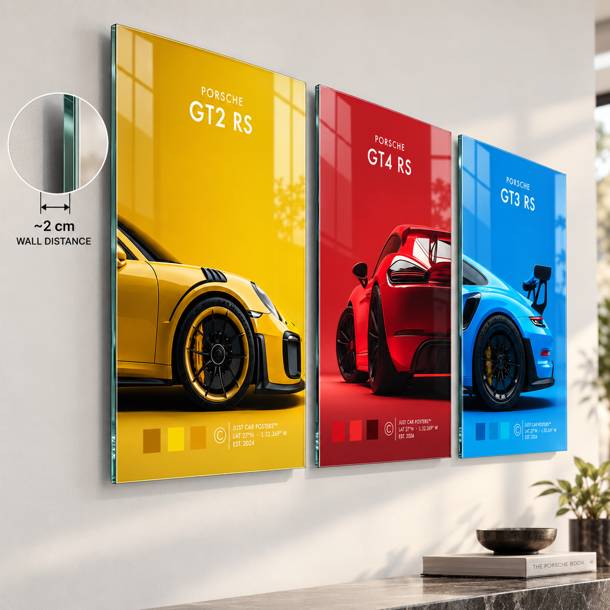 CAMDEKO Porsche 3'lü cam tablo yaklaşık 2 cm duvar mesafesi