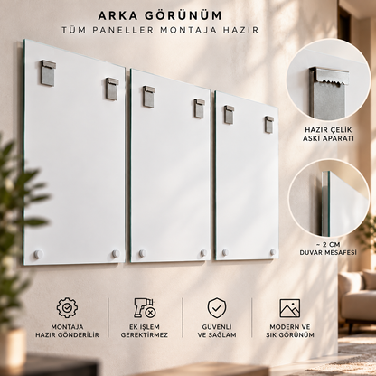CAMDEKO üçlü cam tablo beyaz arka yüz hazır çelik tırtıklı askı aparatı ve beyaz tamponlar