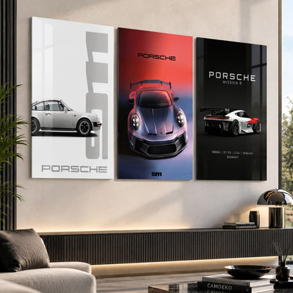 Porsche klasik 911 modern 911 ve Mission R 3'lü cam tablo premium salon