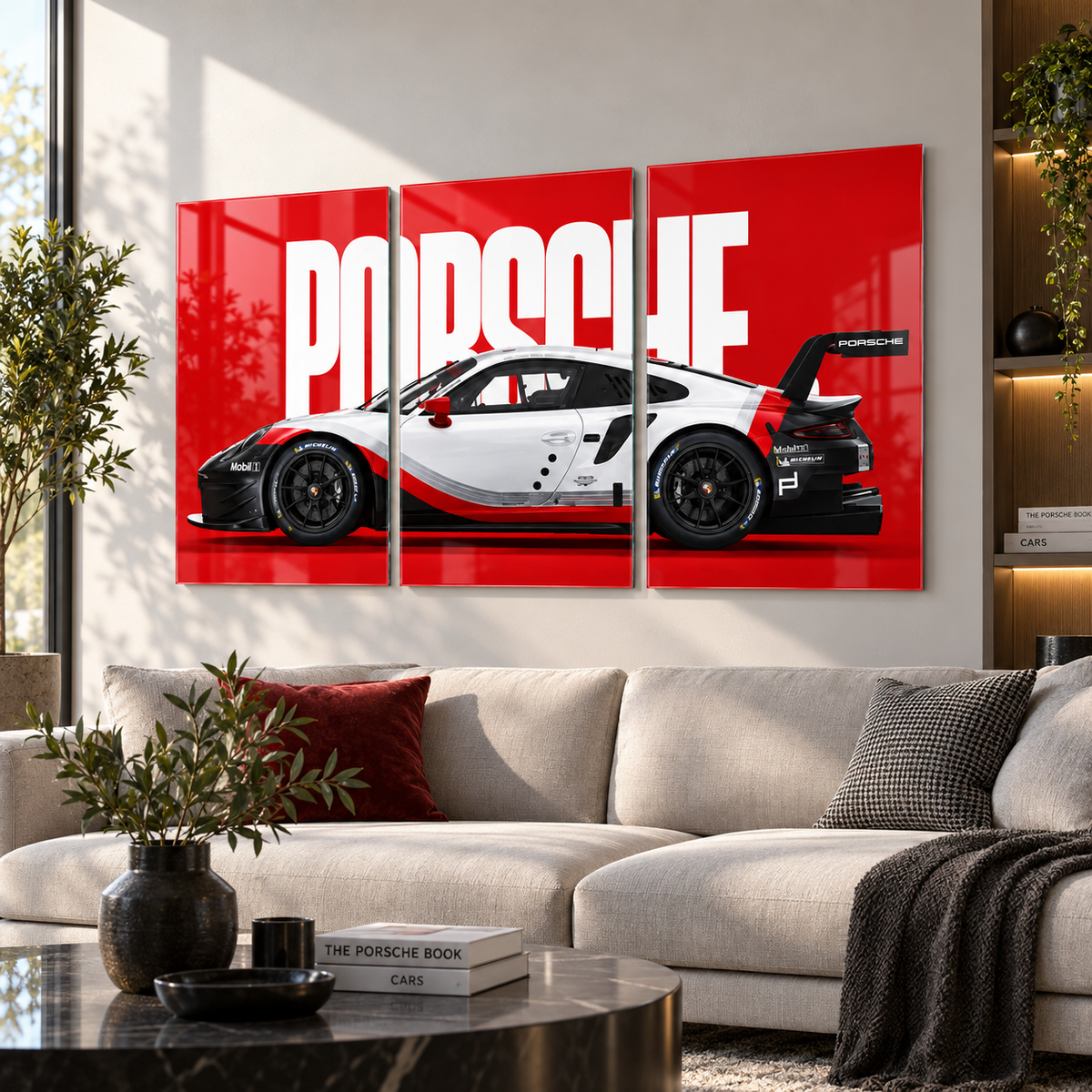 Kırmızı zemin beyaz Porsche yarış otomobili 3'lü cam tablo premium salon