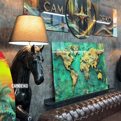 Yeşil Gold Dünya Haritası Cam Tablo