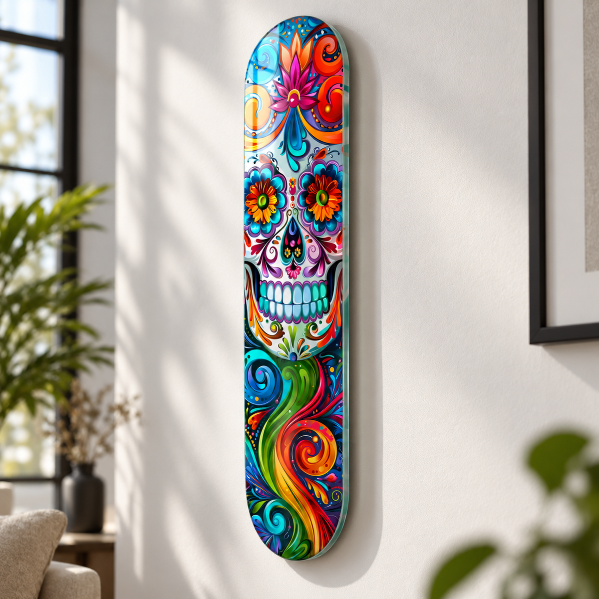 Renkli şeker kafatası Skate Board cam tablo - premium mekan