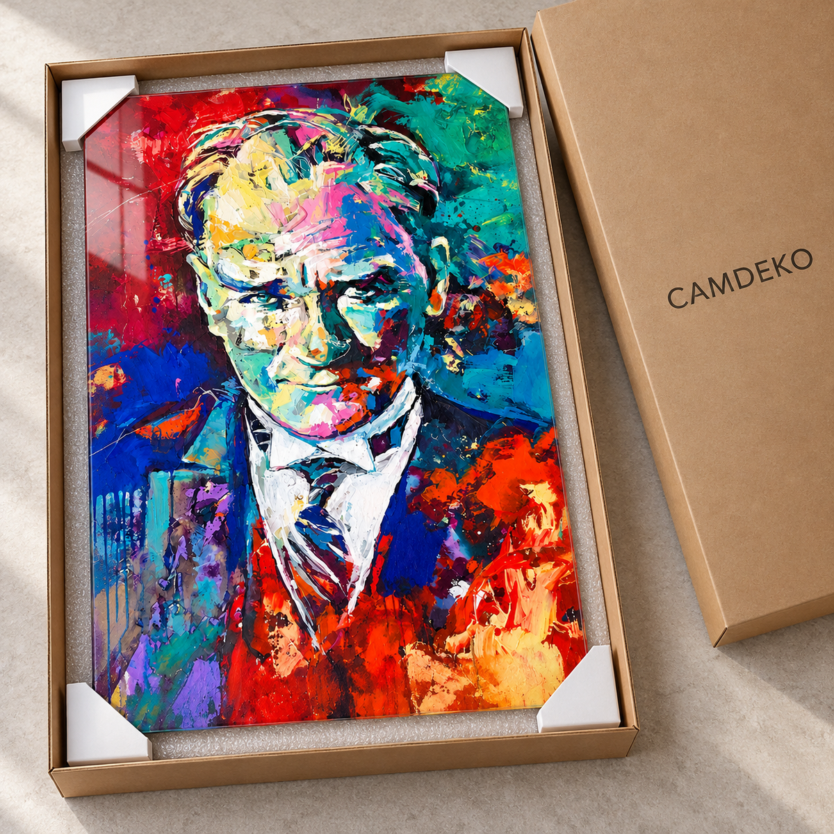 Renkli Soyut Devlet Adamı Portresi Dikey Cam Tablo - Koruyucu köşeli CAMDEKO paketleme