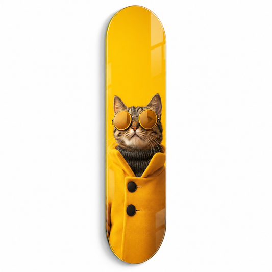 Sarı paltolu gözlüklü kedi Skate Board cam tablo - beyaz zemin