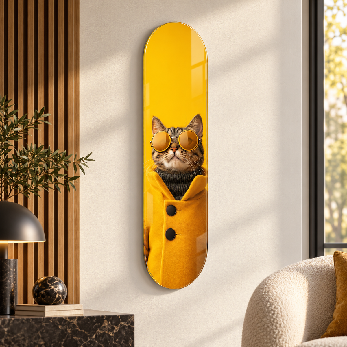 Sarı paltolu gözlüklü kedi Skate Board cam tablo - alternatif premium mekan