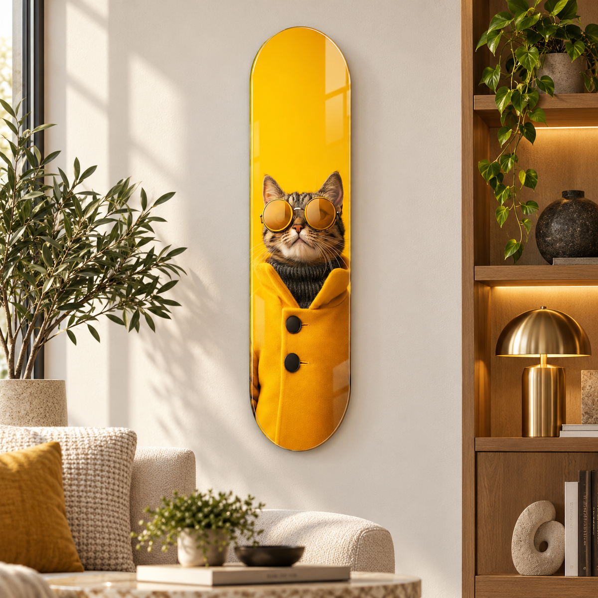 Sarı paltolu gözlüklü kedi Skate Board cam tablo - premium mekan