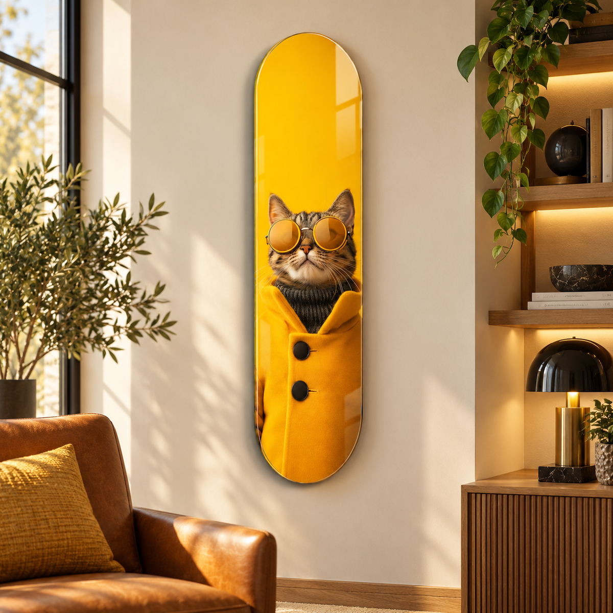 Sarı paltolu gözlüklü kedi Skate Board cam tablo - farklı premium mekan