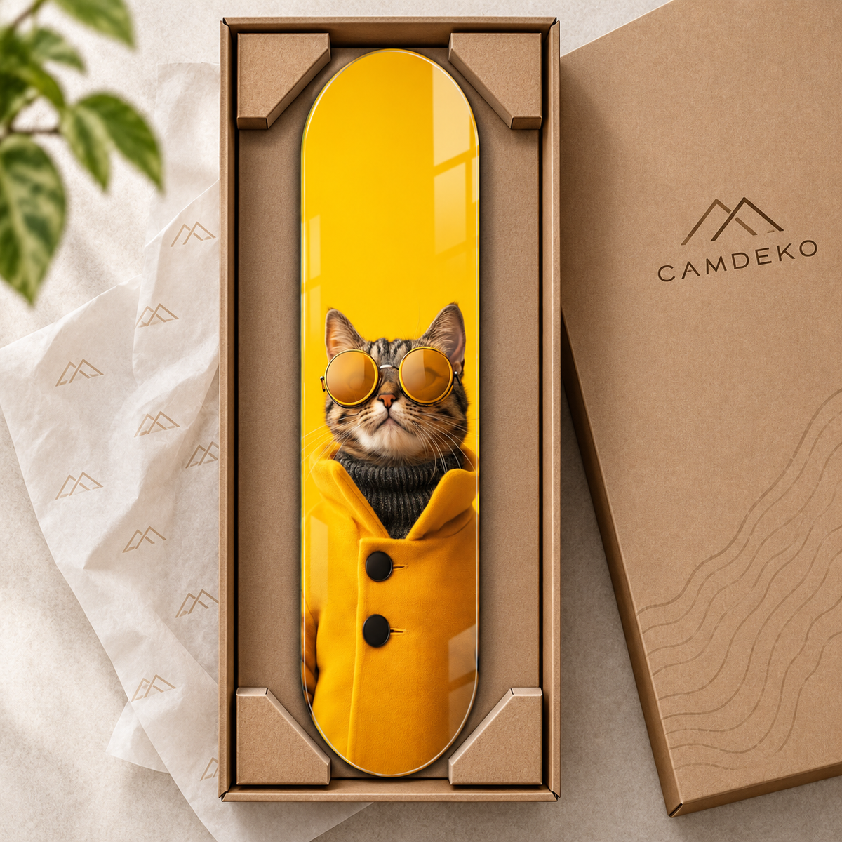 CAMDEKO güvenli paketleme - sarı paltolu kedi Skate Board cam tablo