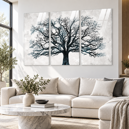 Siyah dallı ağaç minimalist 3'lü cam tablo premium salon