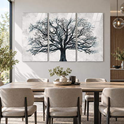 Siyah dallı ağaç minimalist 3'lü cam tablo premium yemek odası