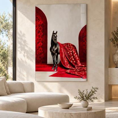 Siyah At ve Kırmızı Halı Dikey Cam Tablo – Premium salon