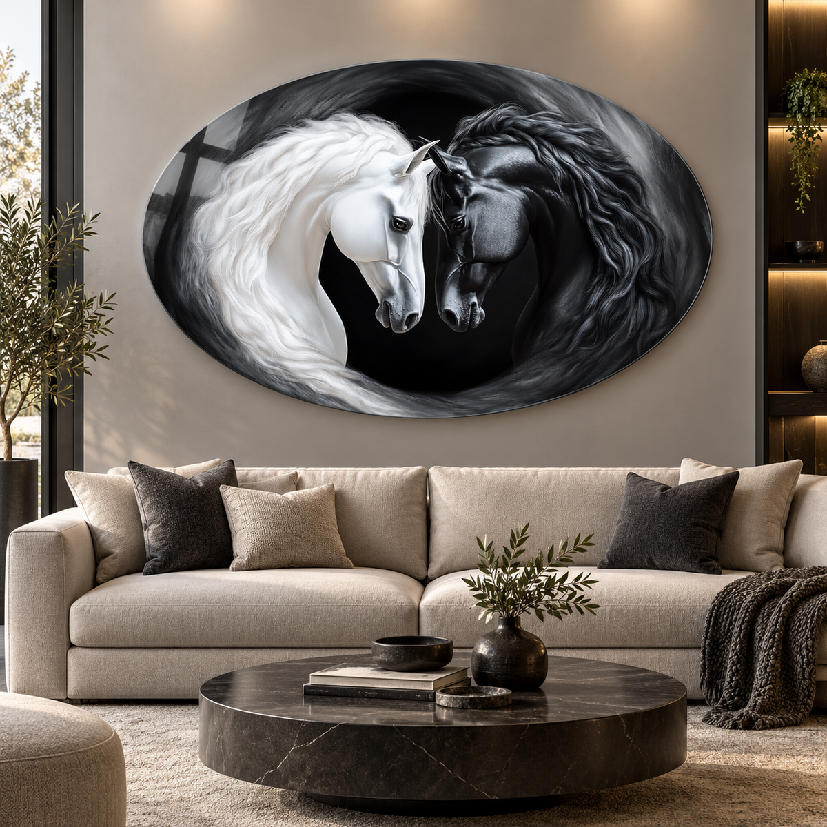 Siyah beyaz atlar oval yatay cam tablo premium salon görünümü