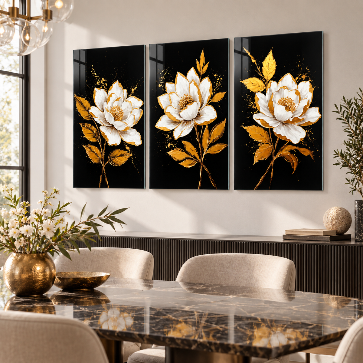 Siyah gold beyaz manolya 3'lü cam tablo yemek odası