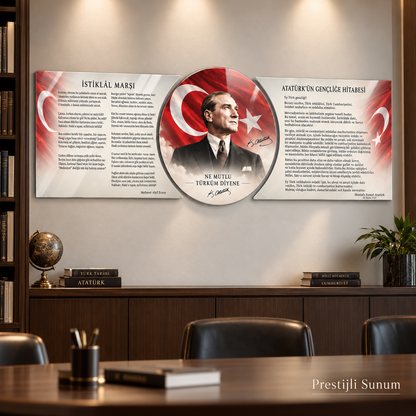 Atatürk Köşesi üçlü şekilli kesim cam tablo prestijli kütüphane duvar uygulaması