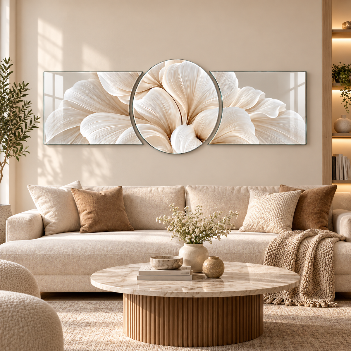 Krem beyaz çiçek desenli üçlü şekilli kesim cam tablo premium salon duvar uygulaması