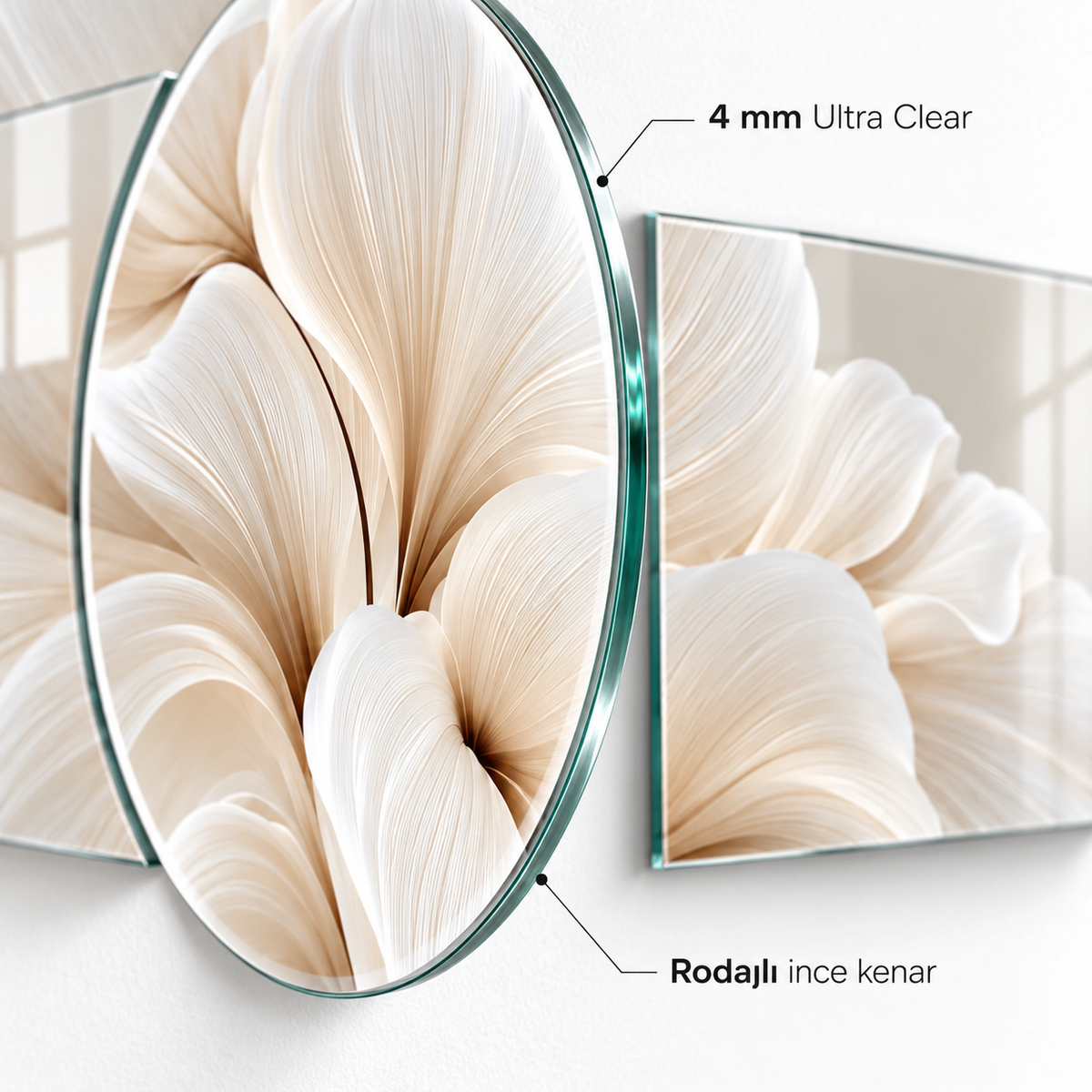 Krem beyaz çiçek desenli şekilli kesim cam tablo 4 mm Ultra Clear rodajlı ince kenar detayı
