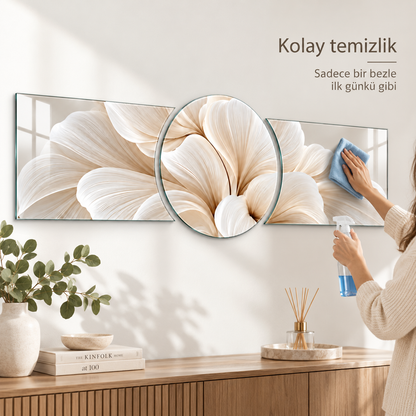 Krem beyaz çiçek desenli şekilli kesim cam tablo mikrofiber bez ve cam temizleyici ile kolay temizlik görseli