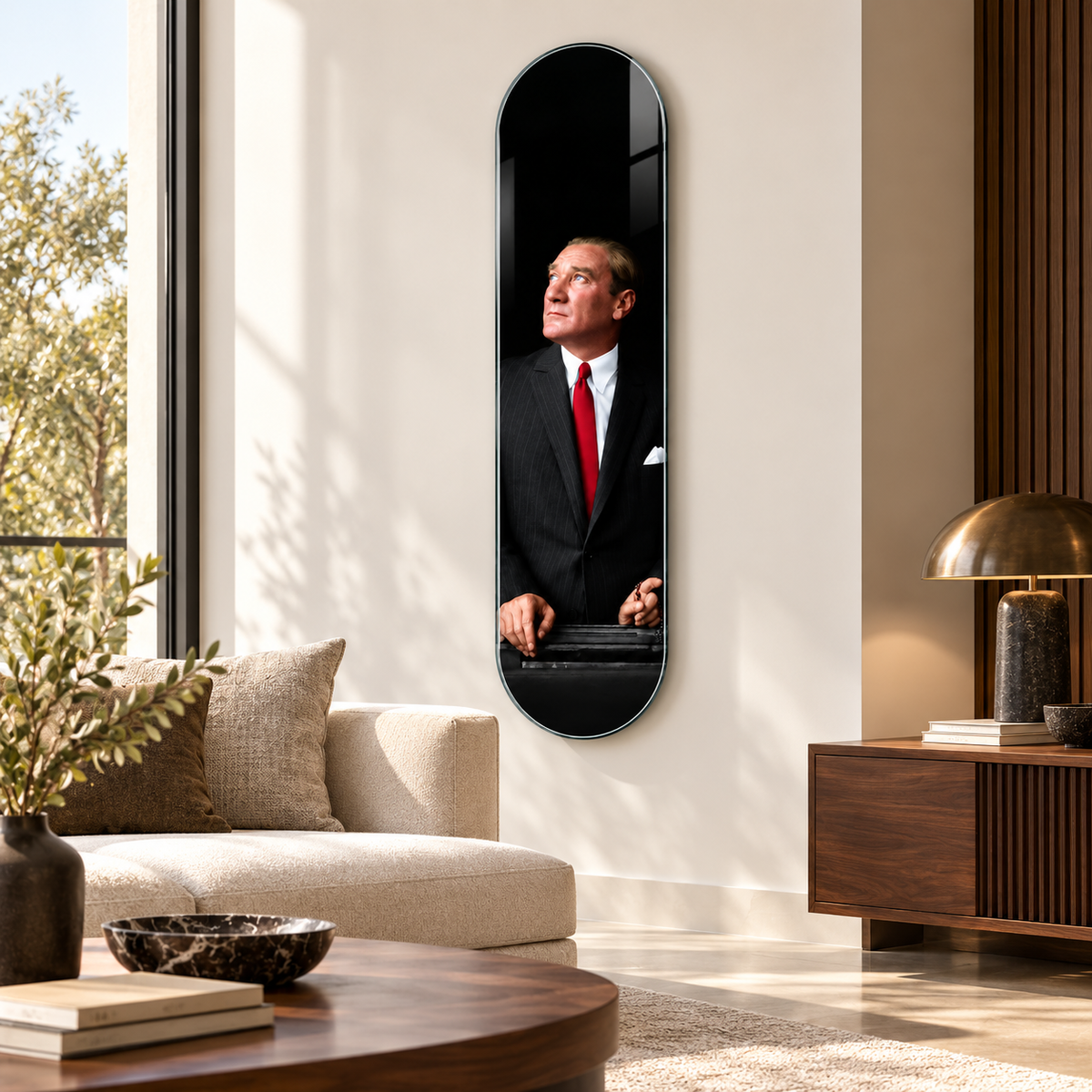 Kırmızı Kravatlı Atatürk Dikey Skate Board Cam Tablo – Salon