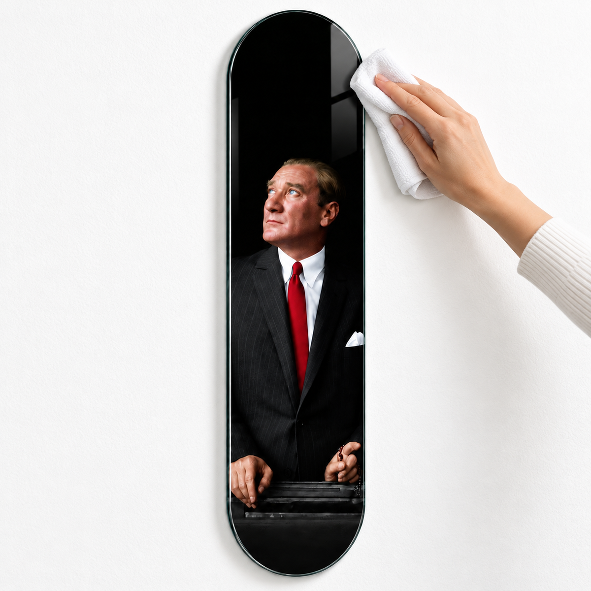 Kırmızı Kravatlı Atatürk Dikey Skate Board Cam Tablo – Kolay temizlik