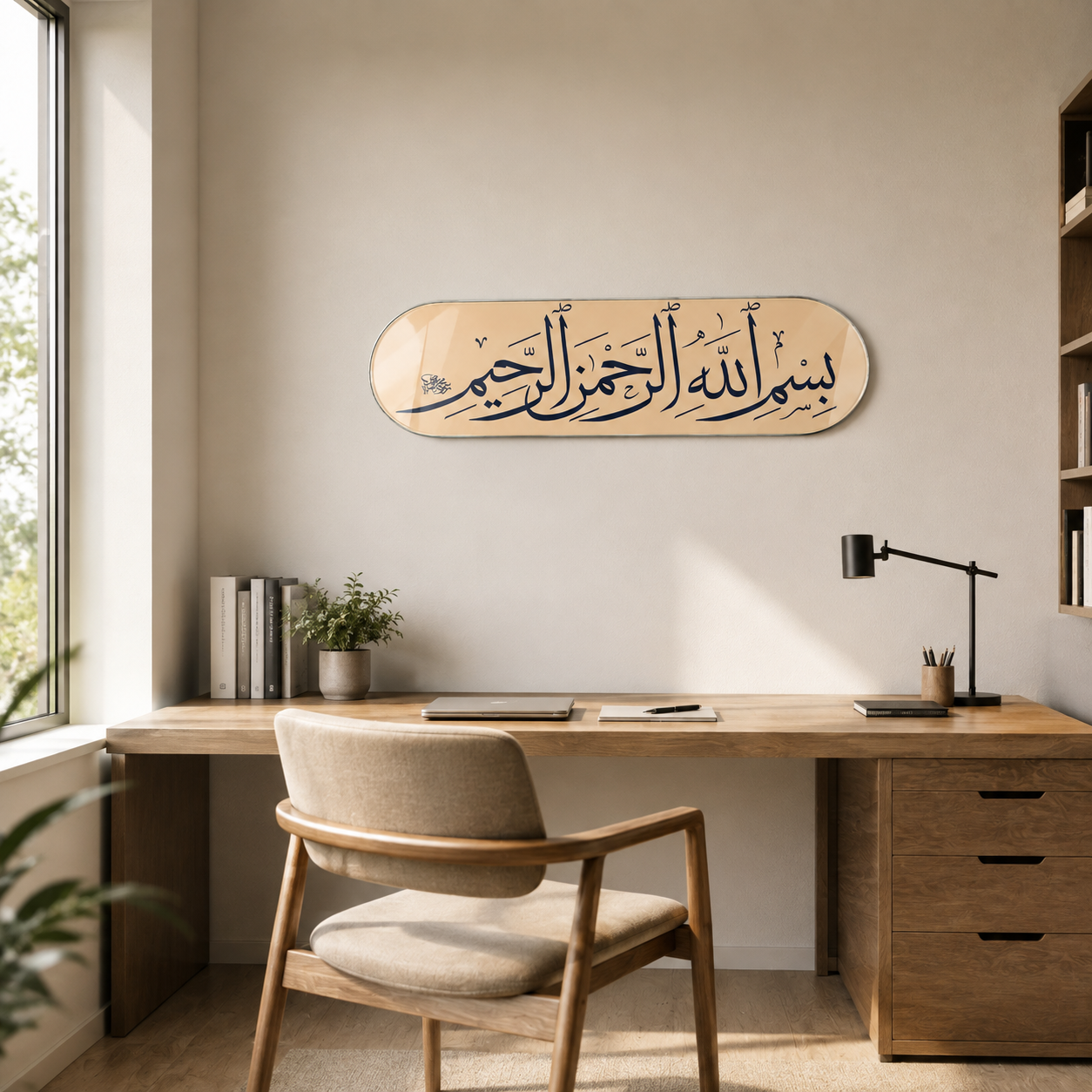 Bej Bismillah hat sanatı Skate Board yatay cam tablo ofis mockup