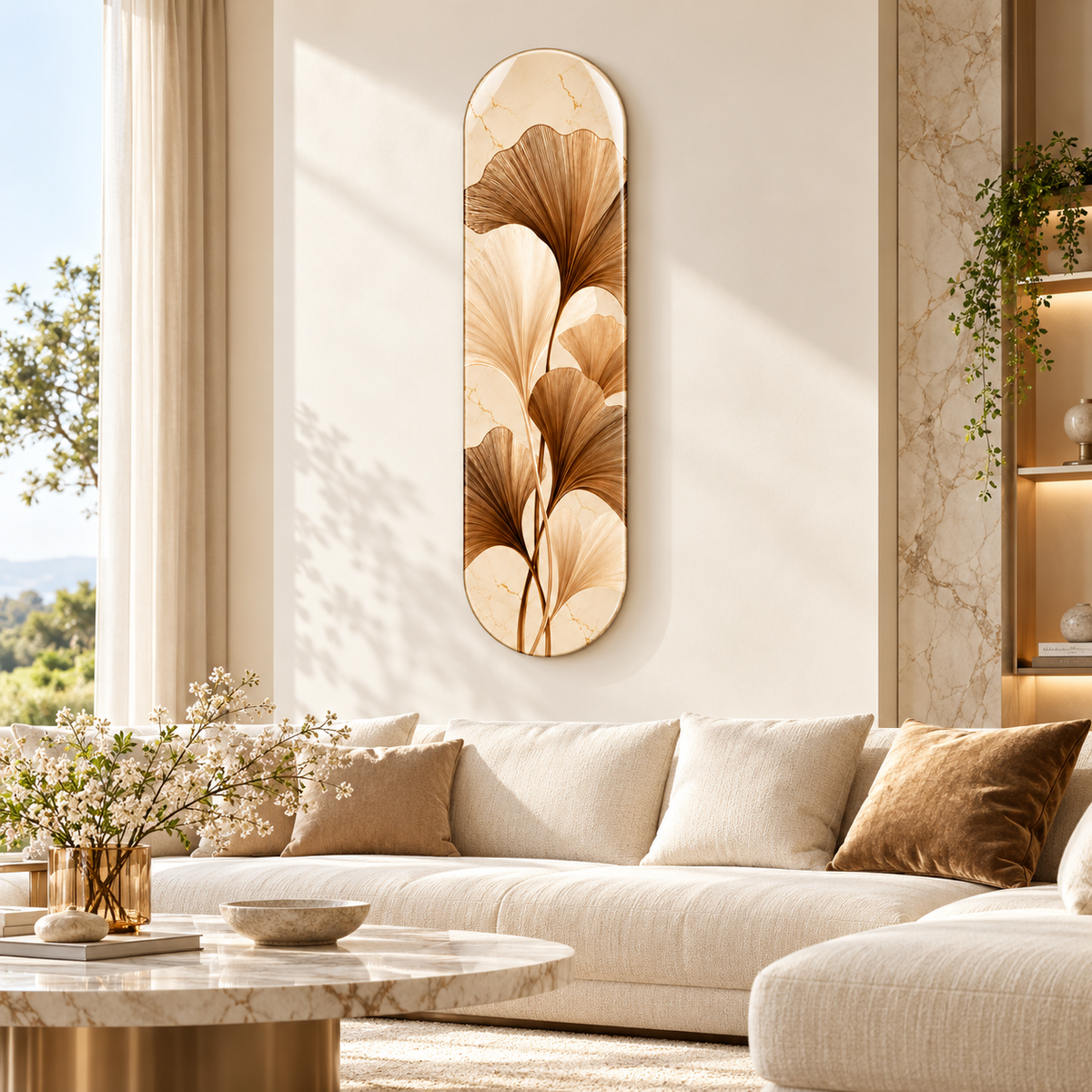 Krem ve Bronz Ginkgo Yapraklı Dikey Skate Board Cam Tablo – Salon