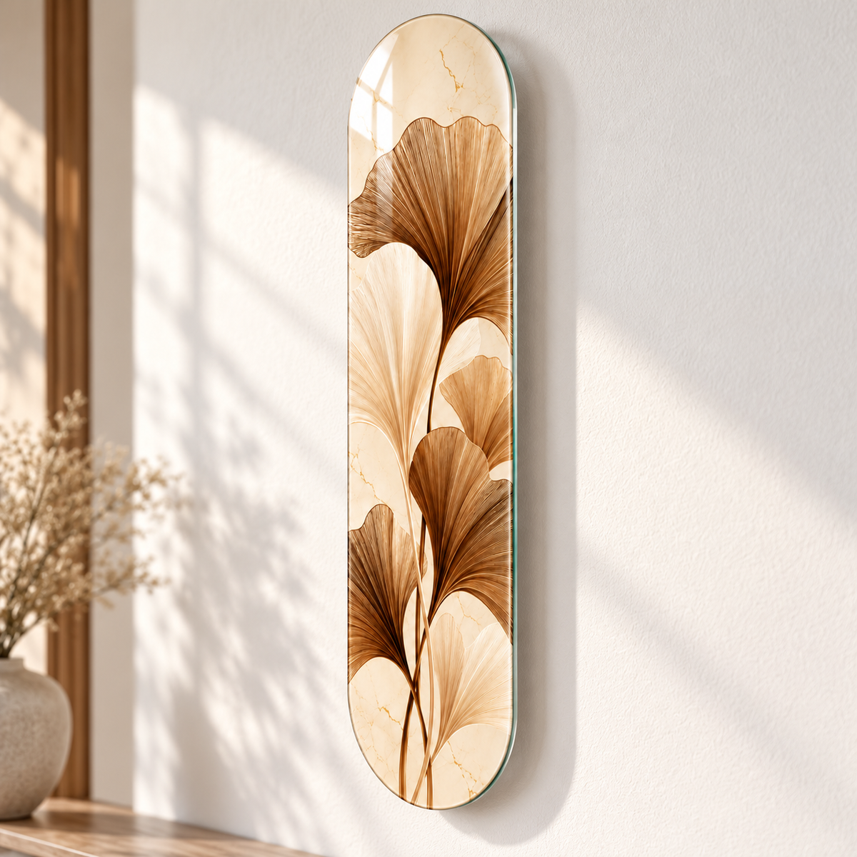 Krem ve Bronz Ginkgo Yapraklı Dikey Skate Board Cam Tablo – Yüzer montaj