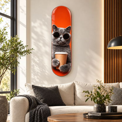 Gözlüklü Kahveci Kedi Dikey Skate Board Cam Tablo – Salon