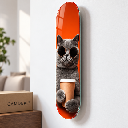Gözlüklü Kahveci Kedi Dikey Skate Board Cam Tablo – Yüzer montaj