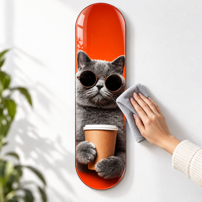 Gözlüklü Kahveci Kedi Dikey Skate Board Cam Tablo – Kolay temizlik