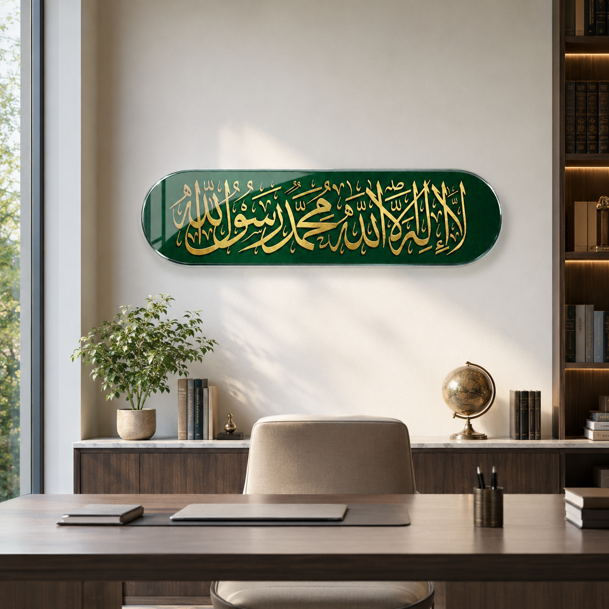 Yeşil gold Kelime-i Tevhid Skate Board yatay cam tablo ofis mockup