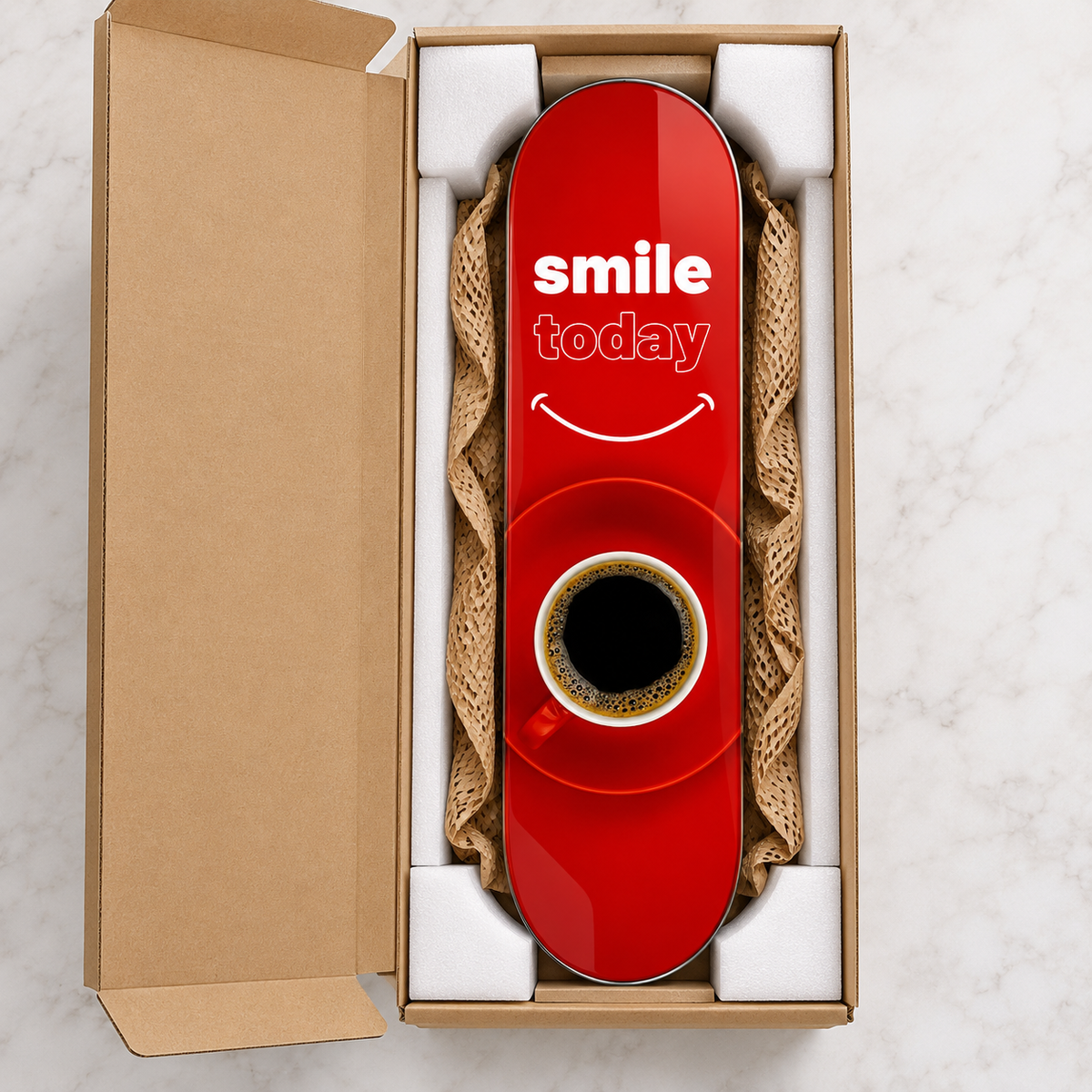CAMDEKO güvenli paketleme - Smile Today kahve temalı Skate Board cam tablo