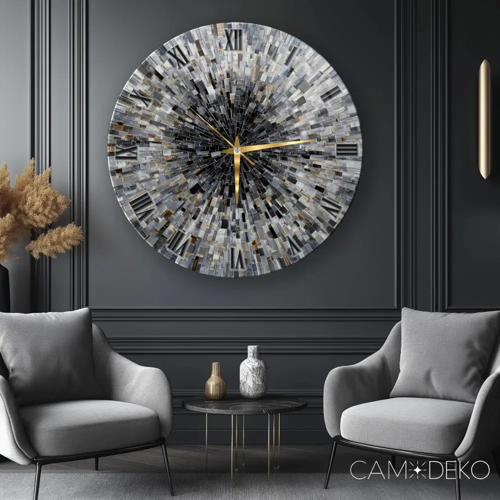 Soyut Gri Mozaik Desen Cam Saat Kırılmaz Cam Saat