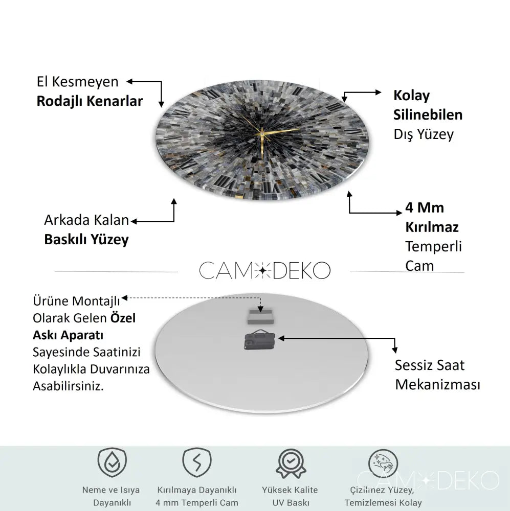 Soyut Gri Mozaik Desen Cam Saat Kırılmaz Cam Saat