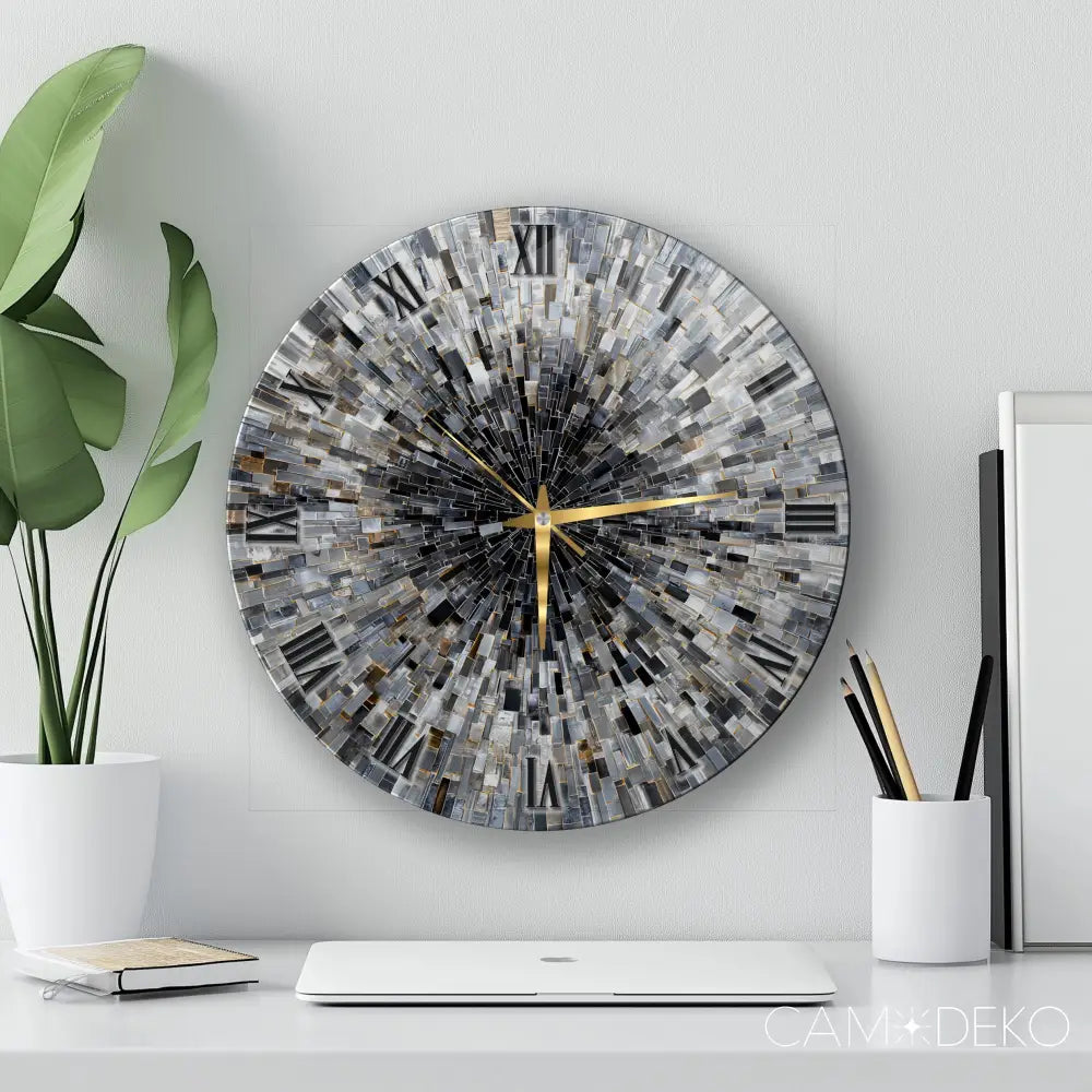 Soyut Gri Mozaik Desen Cam Saat Kırılmaz Cam Saat