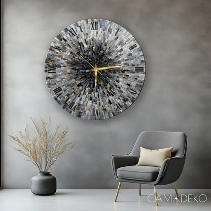 Soyut Gri Mozaik Desen Cam Saat Kırılmaz Cam Saat